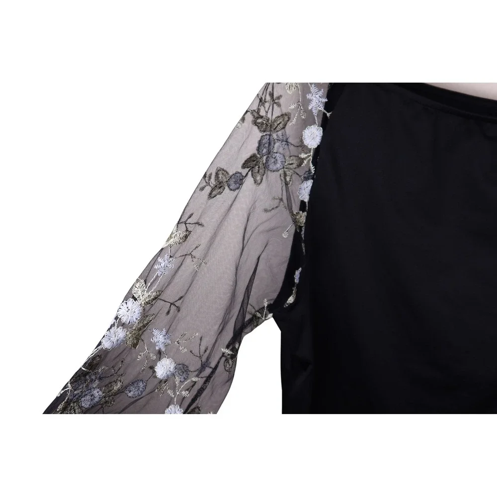 Black One Shoulder Top Floral Embroidered Mesh Long Sleeve Rhinestone Strap L